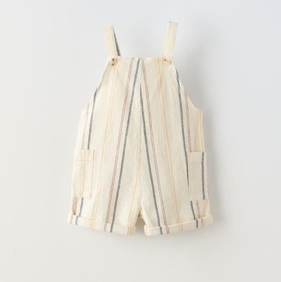 Zara Other - NWT zara striped overall shorts light ecru cotton 6-9 months baby unisex